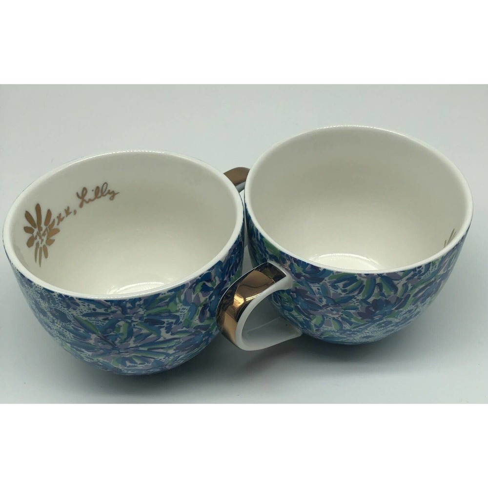 Lilly Pulitzer Set of 2 Blue Floral Mugs 12 Oz Coffee Hot Tea Ceramic Cups A1